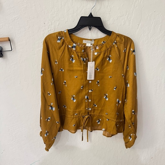 Outerknown Poet Blouse Mustard V Neck Button Waist Tie Floral Blouse S - Picture 7 of 7